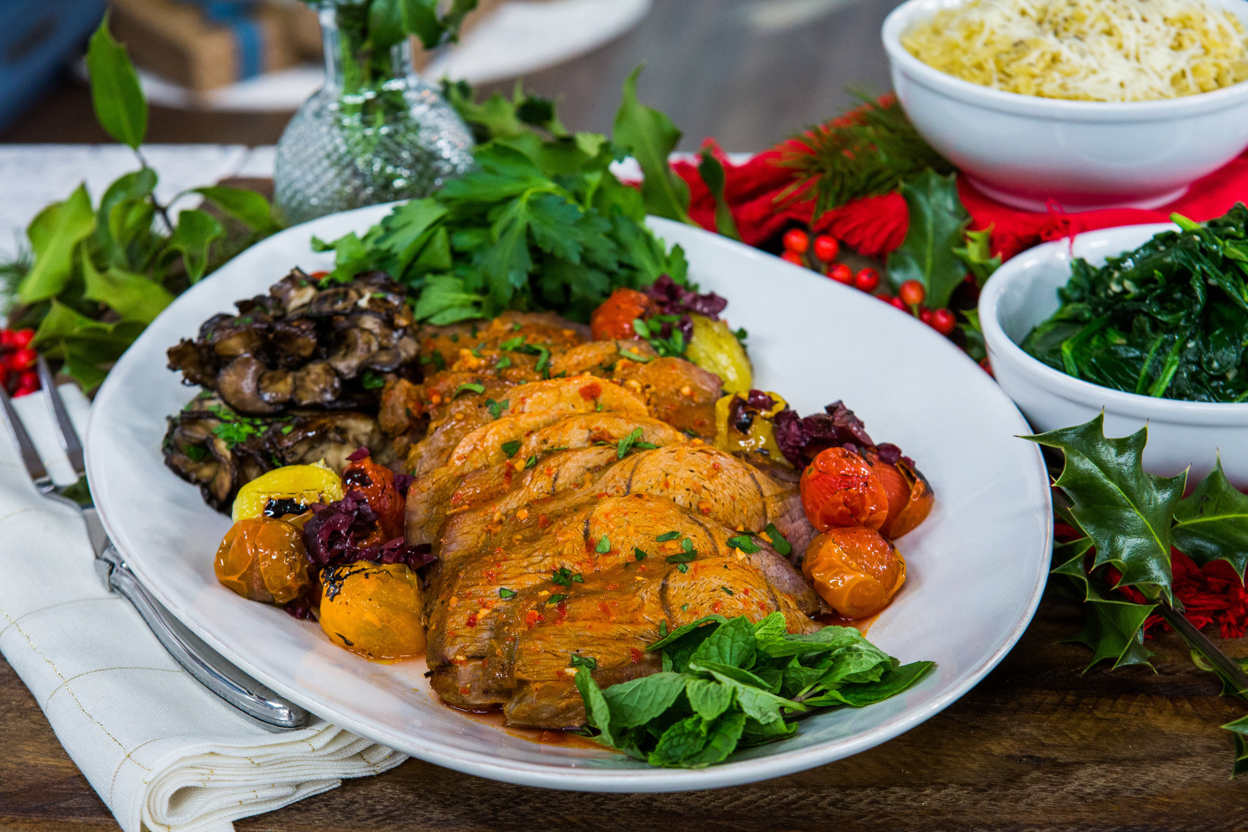 Recipe - Cat Cora - Harissa Roasted Lamb with Asiago Orzo, Sauteed Spinach, and Braised Maitake Mushrooms - Vimarsana News